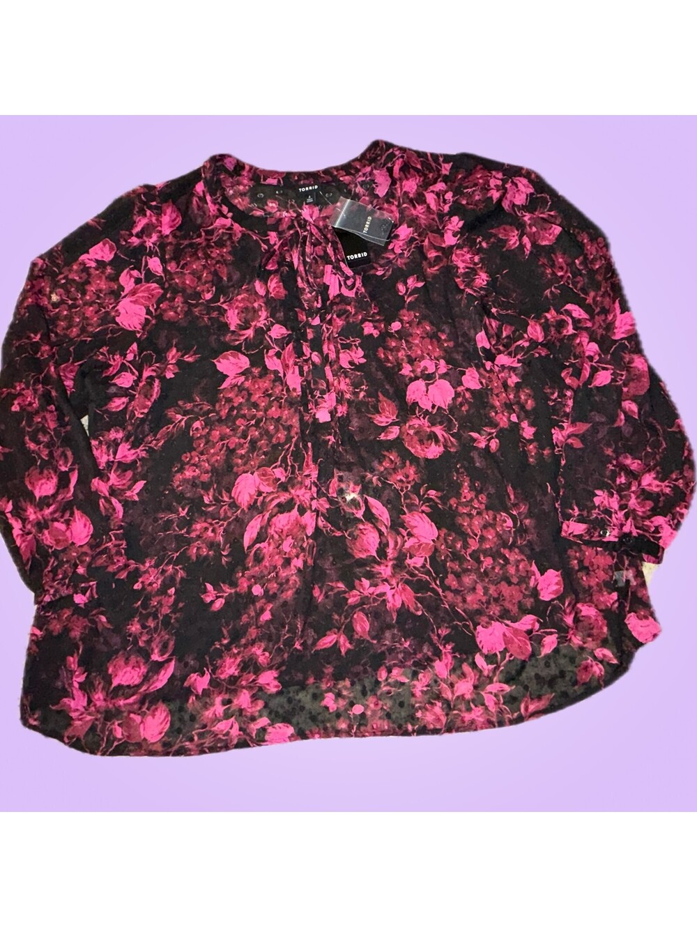 NWT Torrid Size 4 4X Black Pink Floral Chiffon Clip Dot Blouse